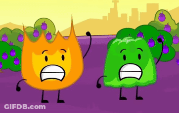 A Cartoon Of A Fire And A Green Jelly Standing Next To Each Other . GIF