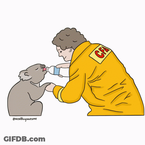 A Cartoon Of A Firefighter Feeding A Koala With A Bottle GIF