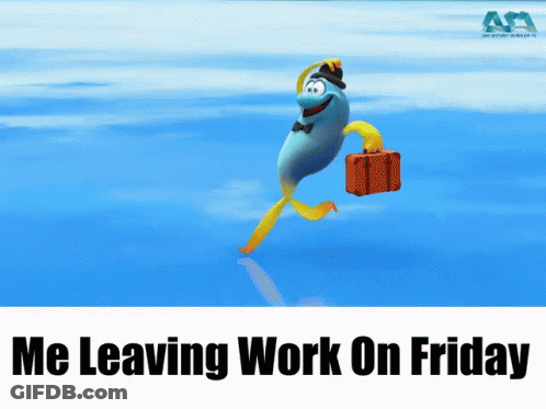A Cartoon Of A Fish Carrying A Suitcase And The Words Me Leaving Work On Friday GIF