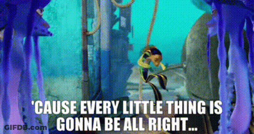 A Cartoon Of A Fish Hanging From A Rope With The Words `` Cause Every Little Thing Is Gonna Be All Right '' GIF