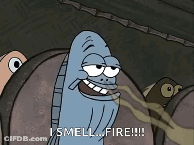 A Cartoon Of A Fish Saying `` I Smell ... Fire !!! '' GIF