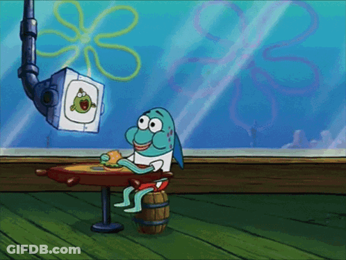 A Cartoon Of A Fish Sitting At A Table Eating A Burger GIF