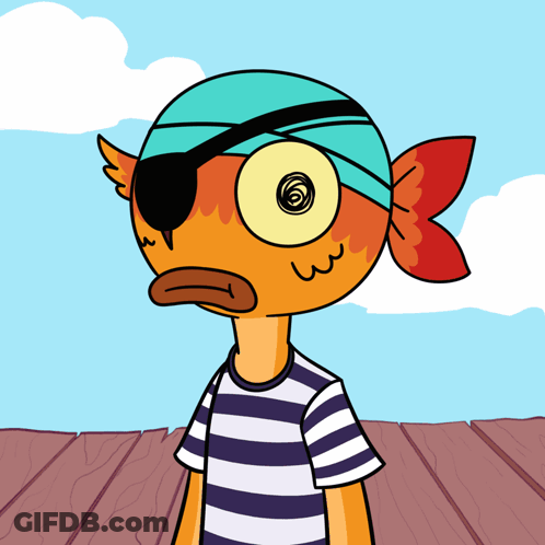 A Cartoon Of A Fish Wearing A Pirate Hat And Eye Patch GIF