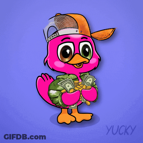 A Cartoon Of A Flamingo Holding Money And Coins With The Words I 'M A T On The Bottom GIF