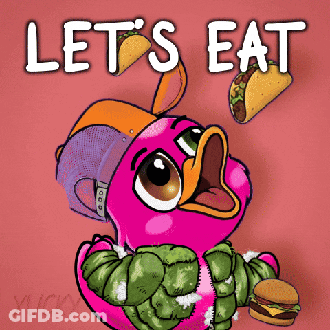 A Cartoon Of A Flamingo With The Words Let 'S Eat GIF