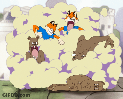 A Cartoon Of A Fox And Two Bears With Smoke Coming Out Of Them GIF