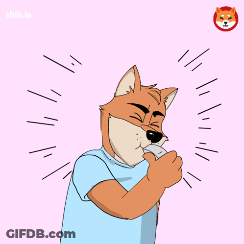 A Cartoon Of A Fox Holding A Yellow Card With Shiba.io Written On The Bottom GIF