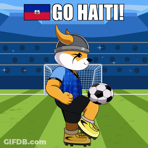 A Cartoon Of A Fox Kicking A Soccer Ball With The Words Go Haiti On The Bottom GIF