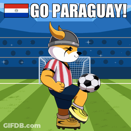 A Cartoon Of A Fox Kicking A Soccer Ball With The Words Go Paraguay Below It GIF