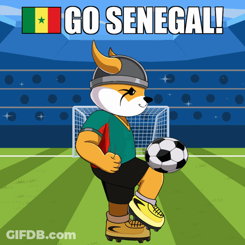 A Cartoon Of A Fox Kicking A Soccer Ball With The Words Go Senegal Behind Him GIF