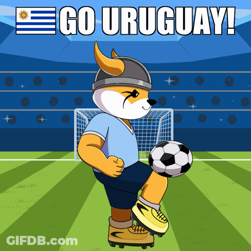 A Cartoon Of A Fox Kicking A Soccer Ball With The Words Go Uruguay Below It GIF