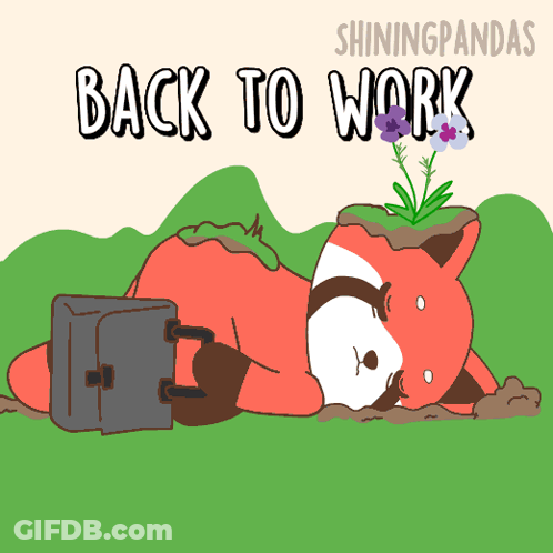 A Cartoon Of A Fox Laying Down With A Briefcase And The Words Back To Work GIF