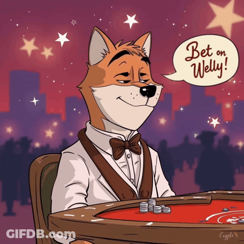 A Cartoon Of A Fox Sitting At A Table With A Speech Bubble That Says " Bet On Welly " GIF