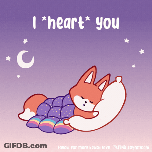 A Cartoon Of A Fox Sleeping On A Pillow With The Words " I Heart You " Below It GIF
