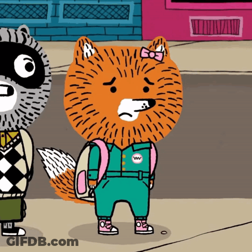 A Cartoon Of A Fox Wearing A Backpack And Overalls With The Letter W On It GIF