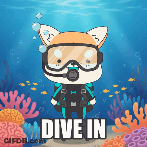 A Cartoon Of A Fox Wearing A Scuba Suit With The Words Dive In Below It GIF