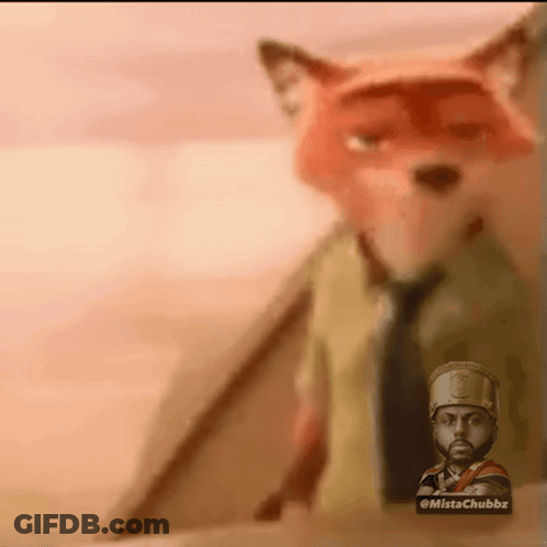 A Cartoon Of A Fox Wearing A Suit And Tie With A Man In A Helmet Behind It GIF
