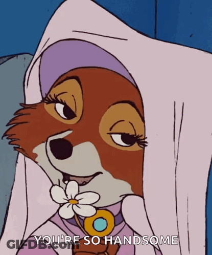 A Cartoon Of A Fox With A Flower In Its Mouth And The Words You 'Re So Handsome GIF