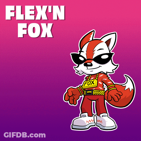 A Cartoon Of A Fox With The Name Flex 'N Fox GIF