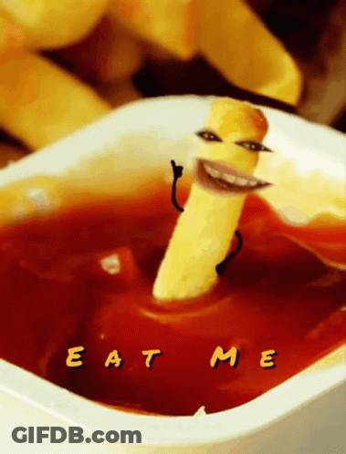 A Cartoon Of A French Fry Sticking Out Of A Cup Of Ketchup With The Words Eat Me Written On The Bottom GIF