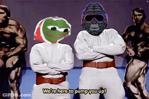 A Cartoon Of A Frog And A Gorilla Standing Next To Each Other With The Caption We 'Re Here To Pump You Up GIF