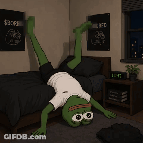 A Cartoon Of A Frog Doing A Handstand In A Bedroom GIF