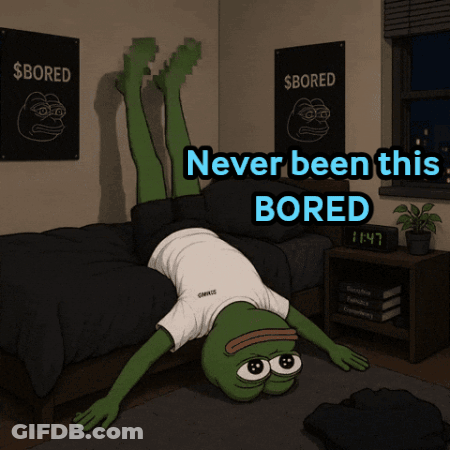 A Cartoon Of A Frog Doing A Handstand With The Words " Never Been This Bored " Below Him GIF