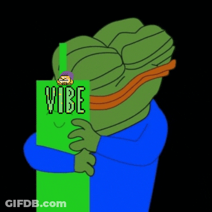 A Cartoon Of A Frog Holding A Green Sign That Says Vibe GIF