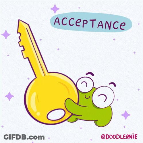 A Cartoon Of A Frog Holding A Key With The Words Acceptance Is The Key Below It GIF