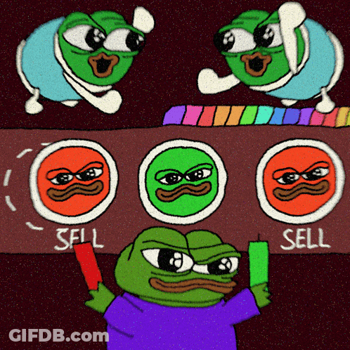 A Cartoon Of A Frog Holding A Red Card With The Words Sell On It GIF