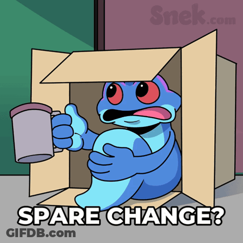 A Cartoon Of A Frog In A Cardboard Box With The Words Spare Change Below Him GIF