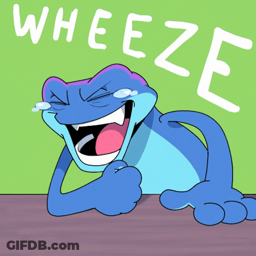 A Cartoon Of A Frog Laughing With The Words " Wheeze " Behind It GIF