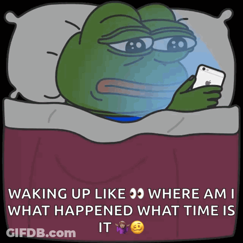 A Cartoon Of A Frog Laying In Bed Looking At A Cell Phone GIF