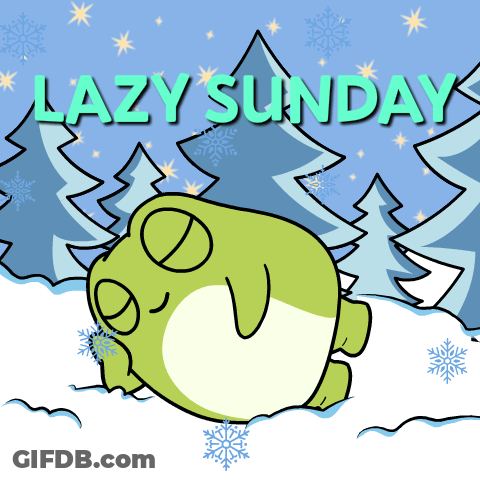 A Cartoon Of A Frog Laying In The Snow With The Words Lazy Sunday Below It GIF