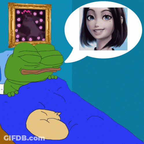 A Cartoon Of A Frog Laying On A Bed With A Picture Of A Girl In A Speech Bubble GIF