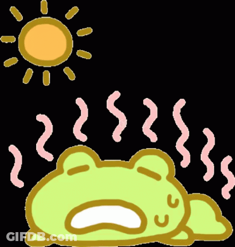 A Cartoon Of A Frog Laying Under The Sun With Steam Coming Out Of It 'S Mouth GIF