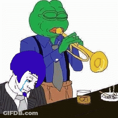 A Cartoon Of A Frog Playing A Trumpet Next To A Man Crying . GIF