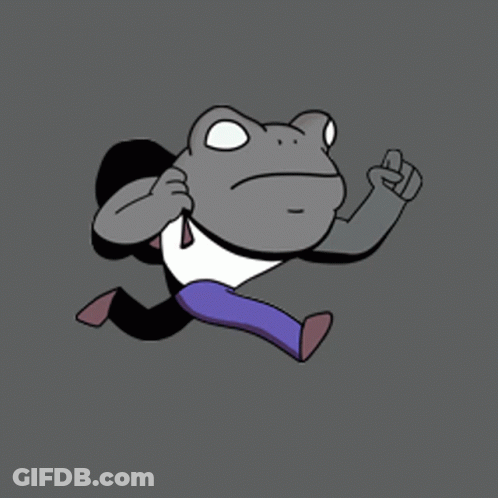 A Cartoon Of A Frog Running With A Bag On Its Back GIF