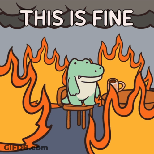 A Cartoon Of A Frog Sitting In Front Of A Fire With The Words " This Is Fine " Above Him GIF