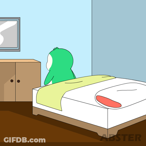 A Cartoon Of A Frog Sitting On A Bed With The Word Abster On The Bottom Right GIF