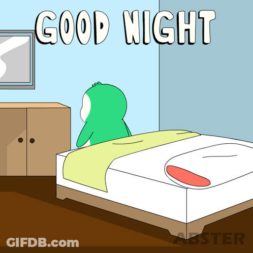 A Cartoon Of A Frog Sitting On A Bed With The Words " Good Night " Above It GIF