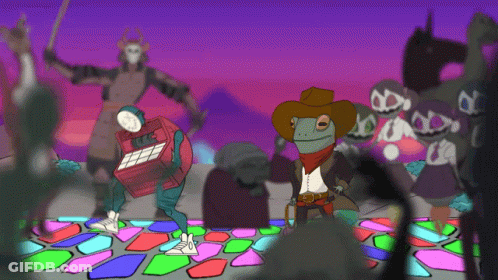 A Cartoon Of A Frog Wearing A Cowboy Hat And Carrying A Kfc Crate GIF