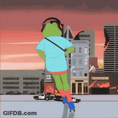 A Cartoon Of A Frog Wearing Headphones And Rollerblading GIF