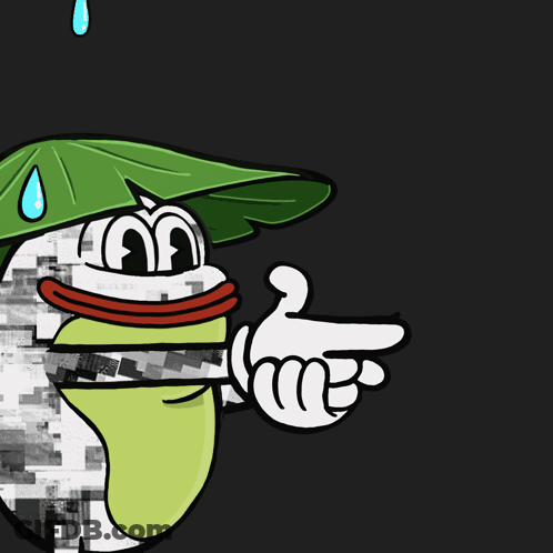 A Cartoon Of A Frog With A Green Leaf On Its Head And The Word Pow Written On The Bottom GIF