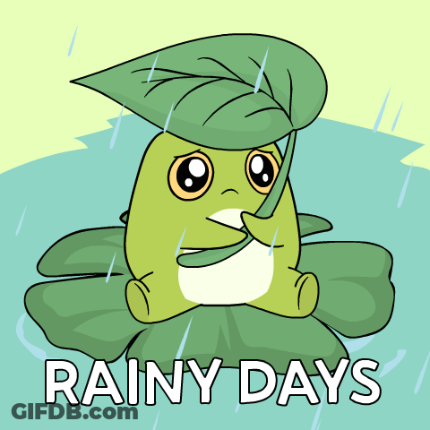 A Cartoon Of A Frog With A Leaf On Its Head And The Words " Rainy Days " Below It GIF