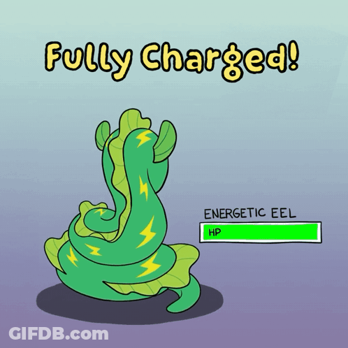 A Cartoon Of A Fully Charged Eel With A Hp Bar GIF