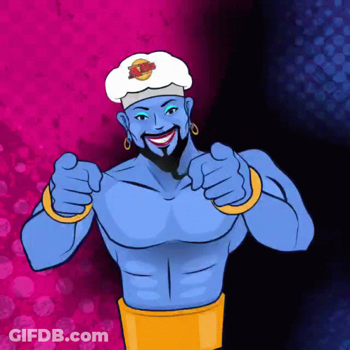 A Cartoon Of A Genie Pointing At The Viewer GIF