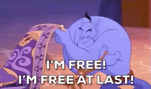 A Cartoon Of A Genie Saying `` I 'M Free At Last '' . GIF