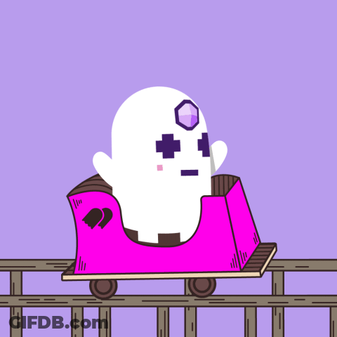 A Cartoon Of A Ghost On A Roller Coaster With A Purple Background GIF