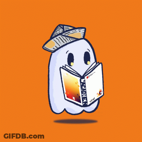 A Cartoon Of A Ghost Reading A Book That Says Vitra GIF